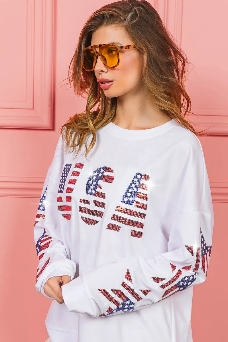 American Flag USA and Star Sequin Sweatshirt