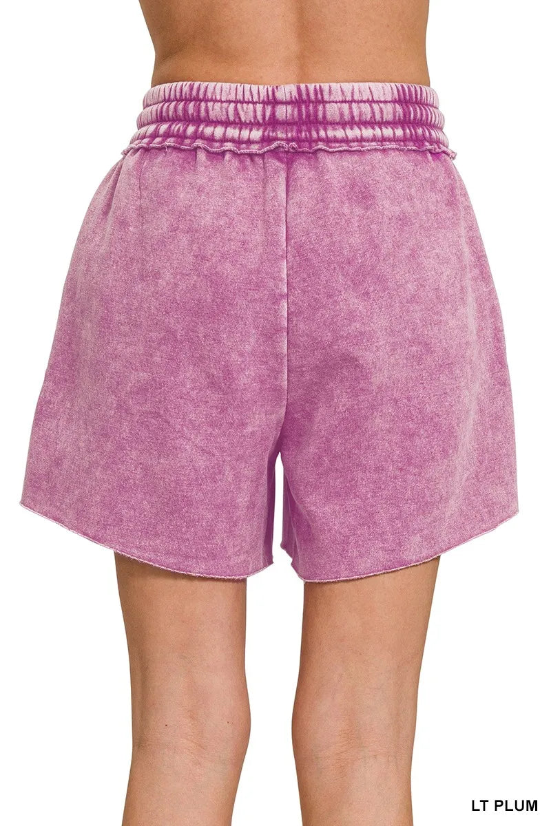 Acid Wash Fleece Drawstring Shorts With Pockets