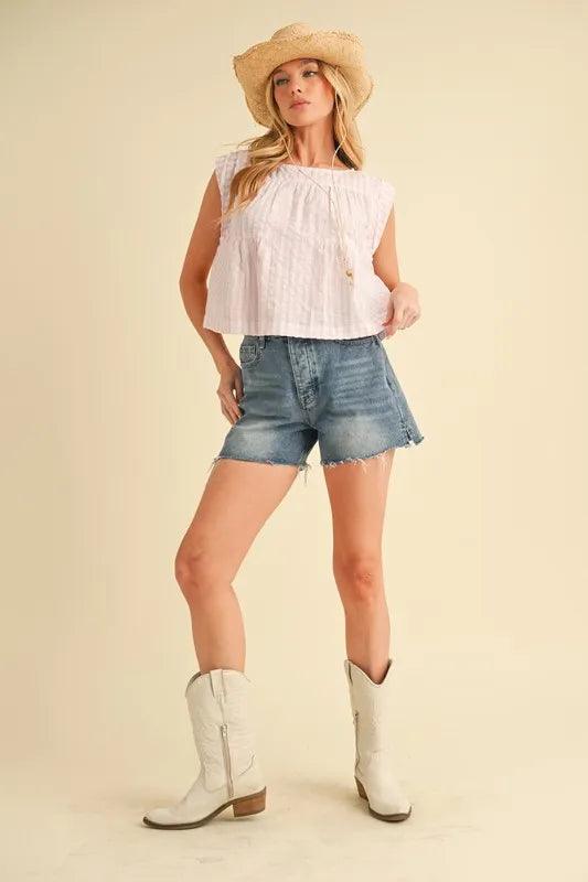 Aemi+Co Ruched Striped Round Neck Sleeveless Top