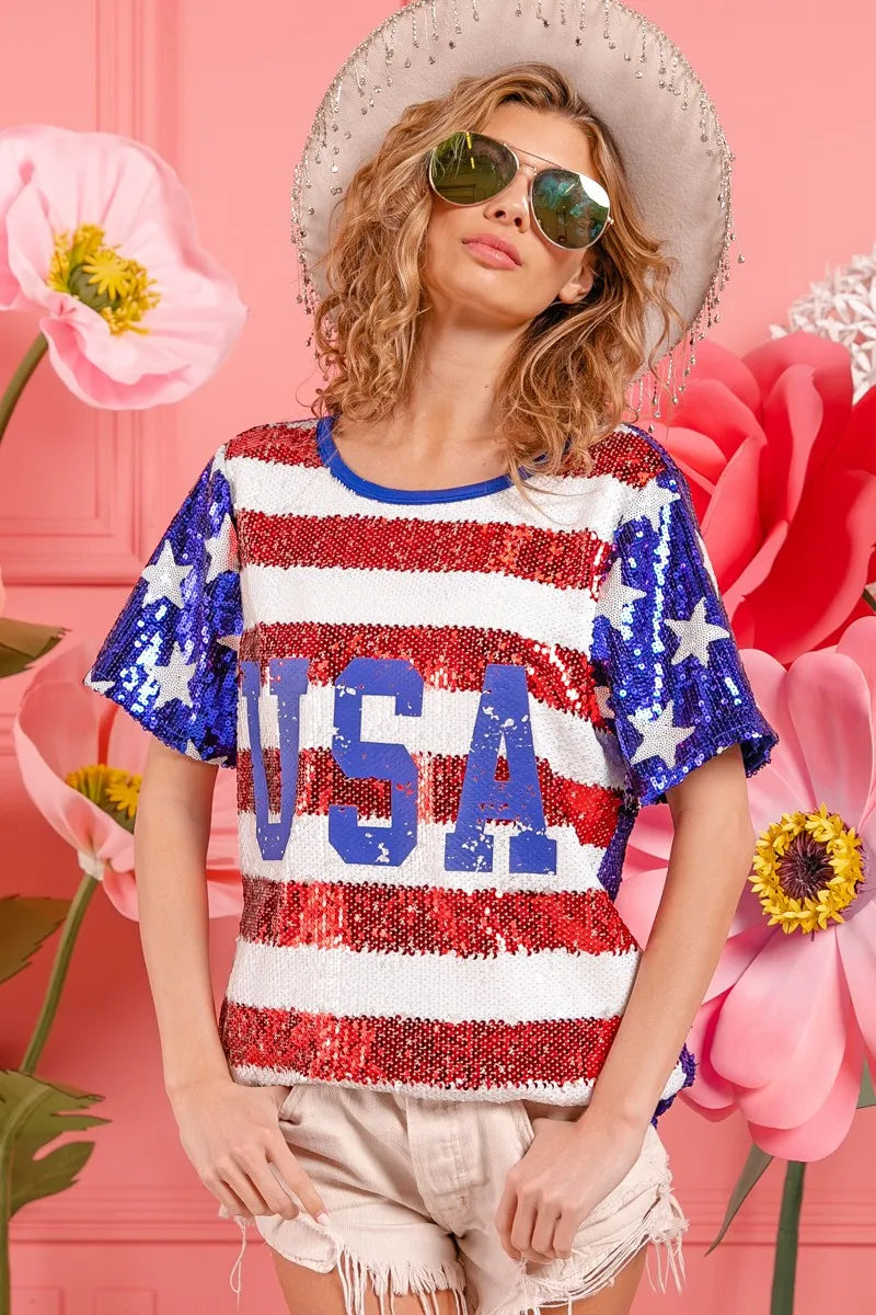 American Flag Theme USA Lettering Sequin Top