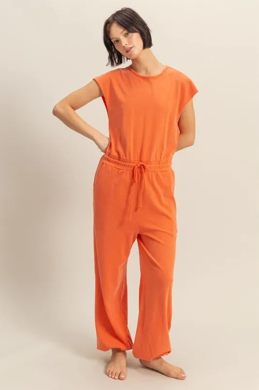 Back Keyhole Round Neck Cap Sleeve Drawstring Jumpsuit