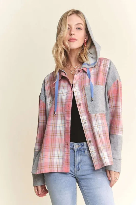 ADORA Button Down Plaid Hoodie Shacket