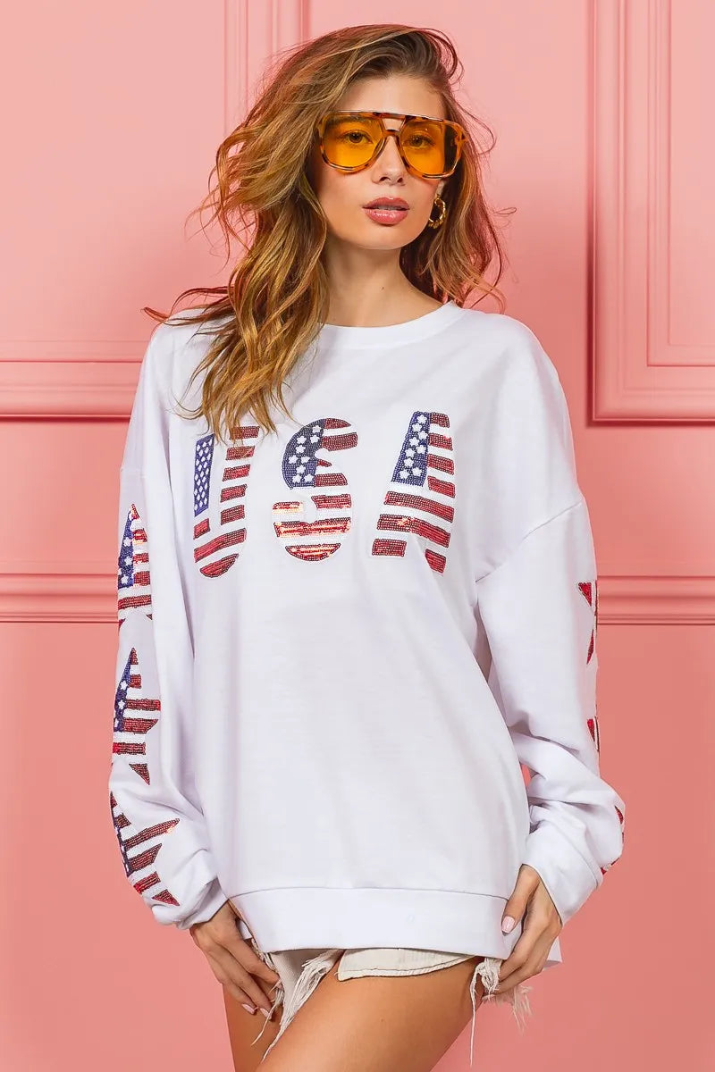American Flag USA and Star Sequin Sweatshirt