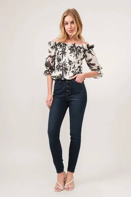 And The Why Smocked Off-Shoulder Floral Printed Top