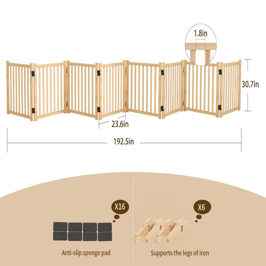 8-Panel Wooden Freestanding Dog Gate, Step Over Indoor Pet Fence for Doorways and Stairs