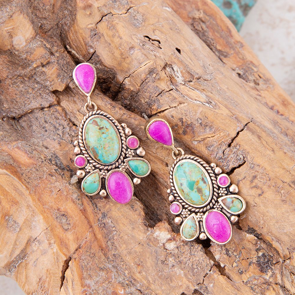 Barcelona Blue Turquoise and Pink Agate Golden Drop Earrings