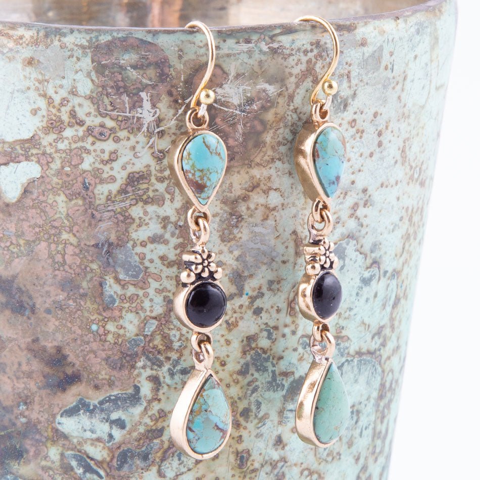 Barcelona Blue Turquoise and Black Onyx Linear Drop Golden Earrings