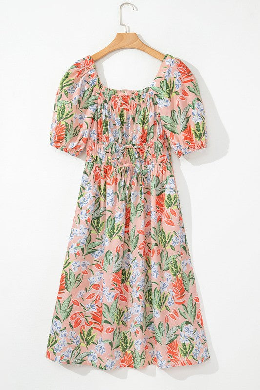 Apricot Pink Floral Knot Front Smocked Bubble Slee