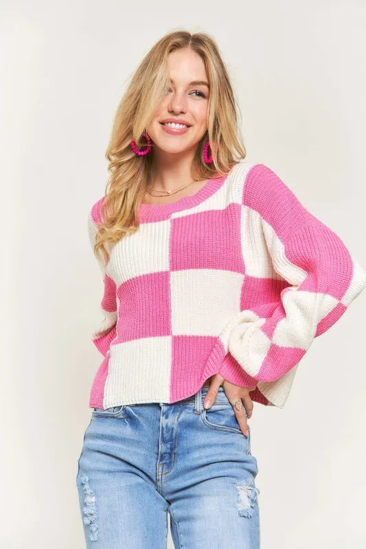 ADORA Plus Size Comfy Checkered Colorblock Sweater Top