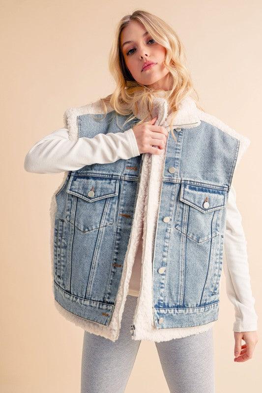 Aemi + Co 2-Piece Faux Denim Patch Sherpa Vest Coat