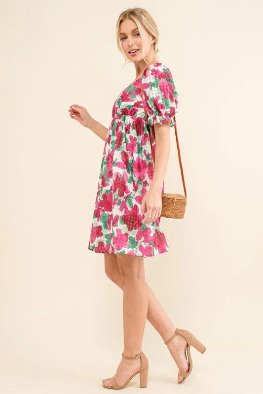 And The Why Smocked Floral Ruffle Short Sleeve Mini Dress