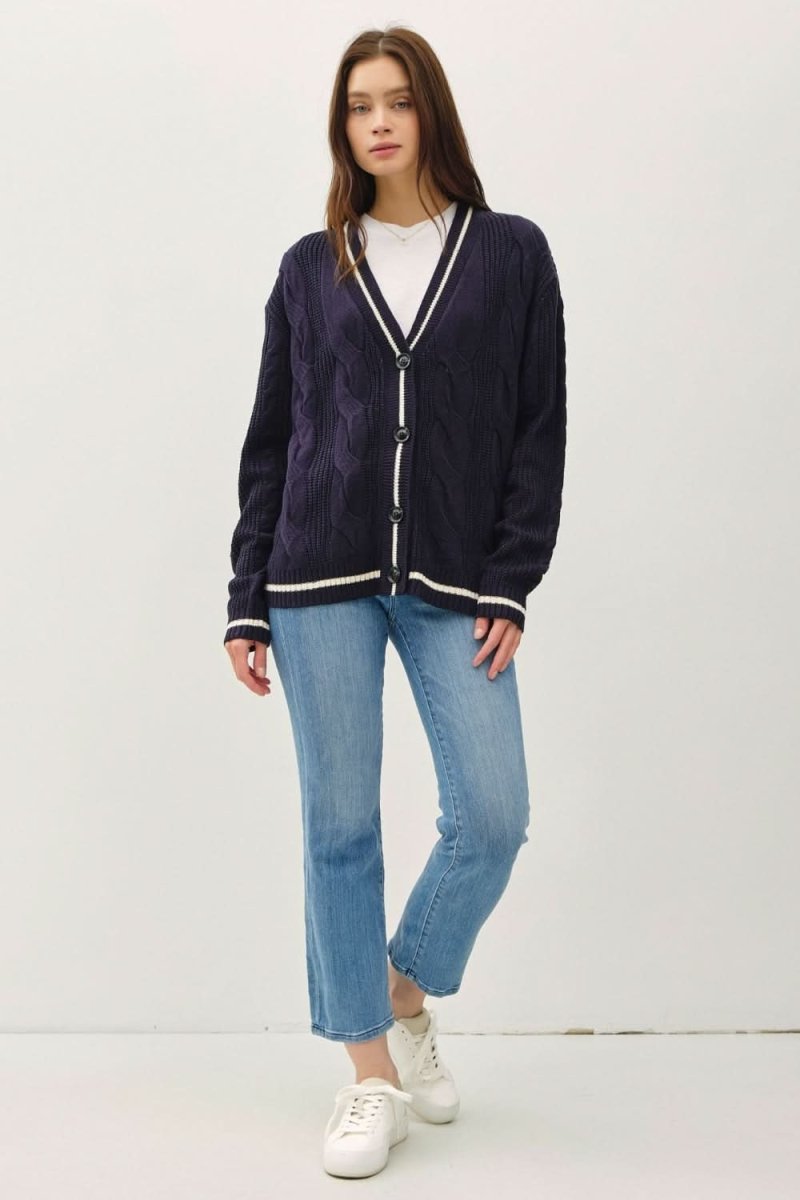 Be Cool Contrast Trim Cable-Knit V-Neck Cardigan by Trendsi
