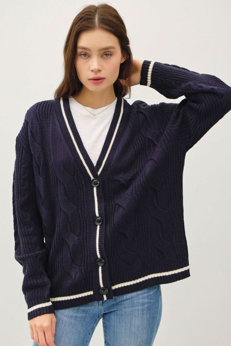 Be Cool Contrast Trim Cable-Knit V-Neck Cardigan by Trendsi