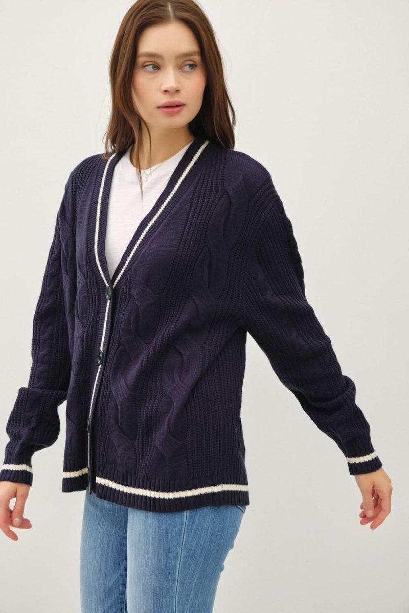 Be Cool Contrast Trim Cable-Knit V-Neck Cardigan by Trendsi
