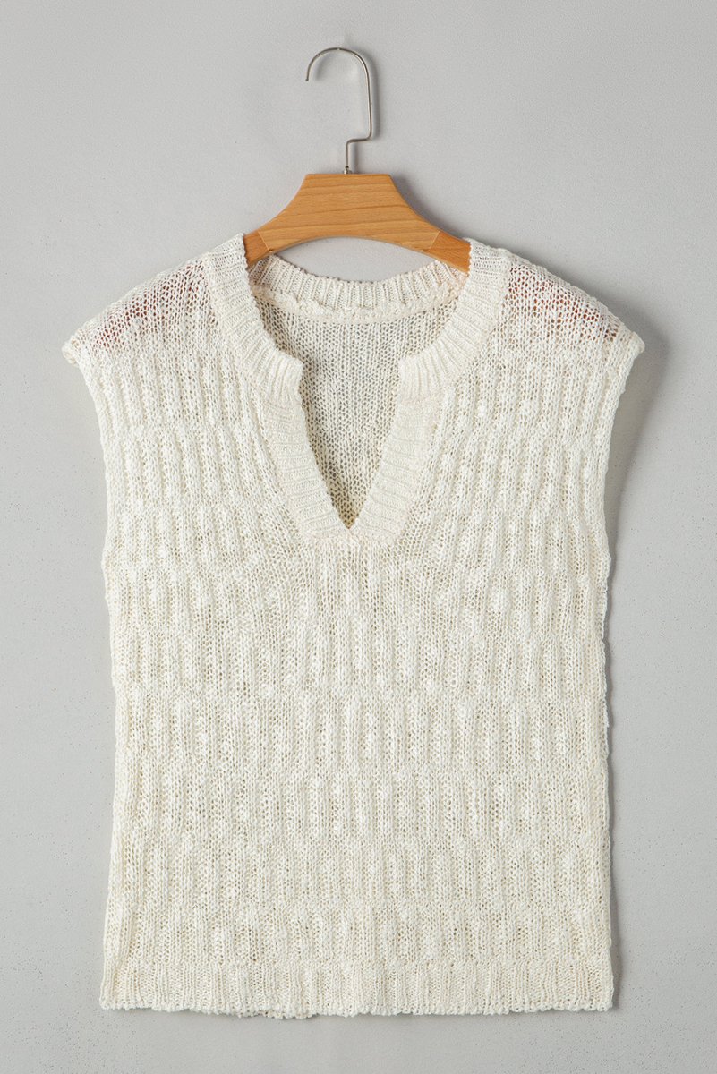 Beige Notched V Neck Short Sleeve Sweater for Casual Wear