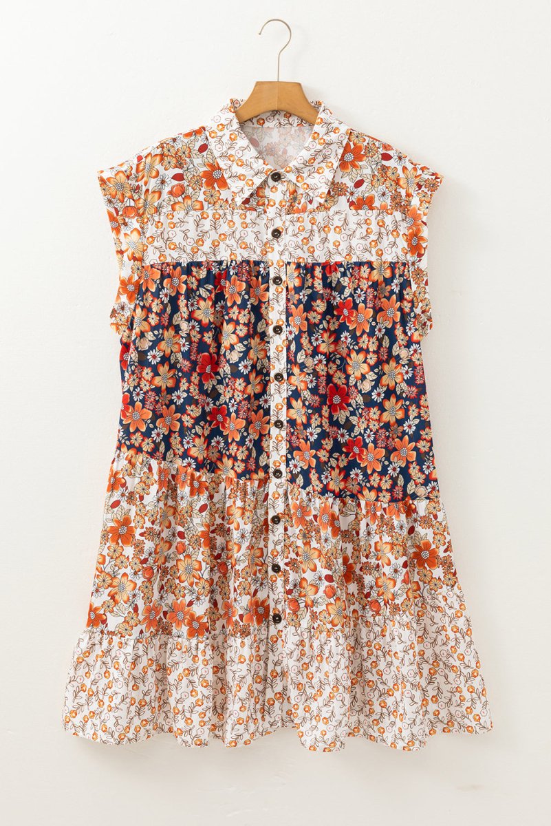Beige Plus Size Floral Patchwork Button Front Collared Mini Dress