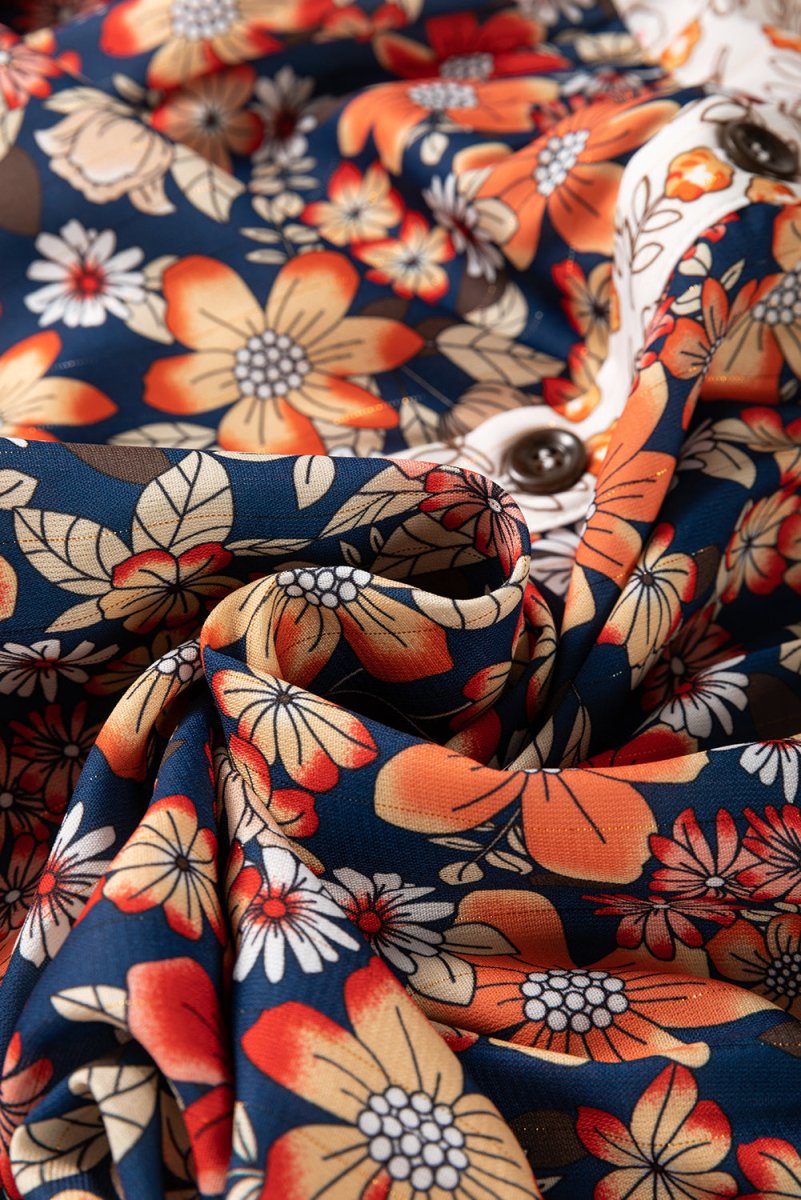 Beige Plus Size Floral Patchwork Button Front Collared Mini Dress