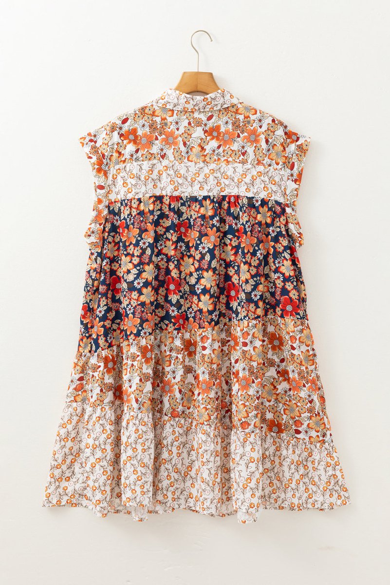 Beige Plus Size Floral Patchwork Button Front Collared Mini Dress