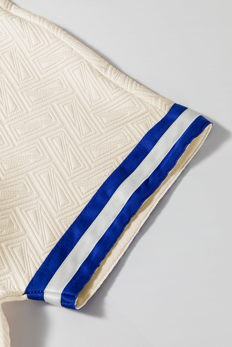 Beige Preppy Striped Trim Quarter Zipper Short Sleeve Top