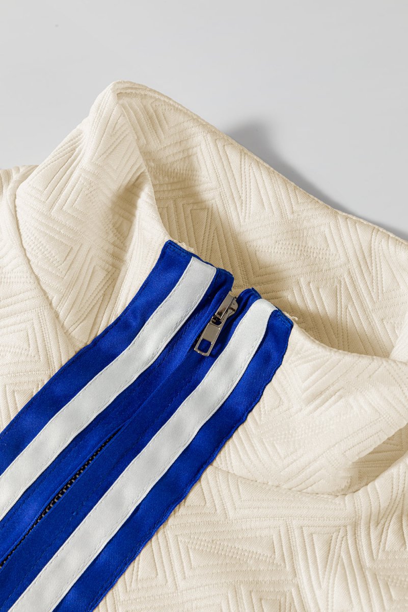 Beige Preppy Striped Trim Quarter Zipper Short Sleeve Top