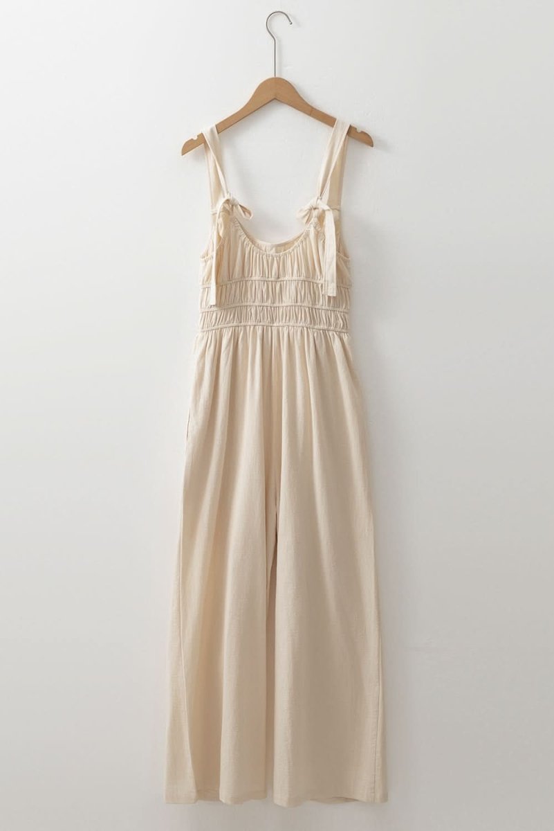 Beige Sleeveless Wide Leg Jumpsuit with Ruched High Waist Design