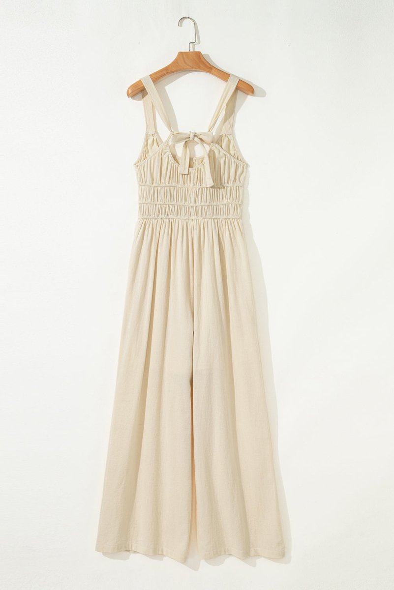 Beige Sleeveless Wide Leg Jumpsuit with Ruched High Waist Design