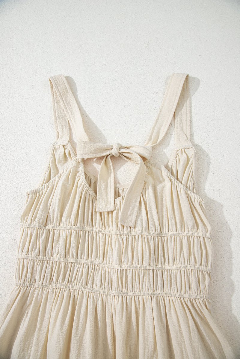 Beige Sleeveless Wide Leg Jumpsuit with Ruched High Waist Design