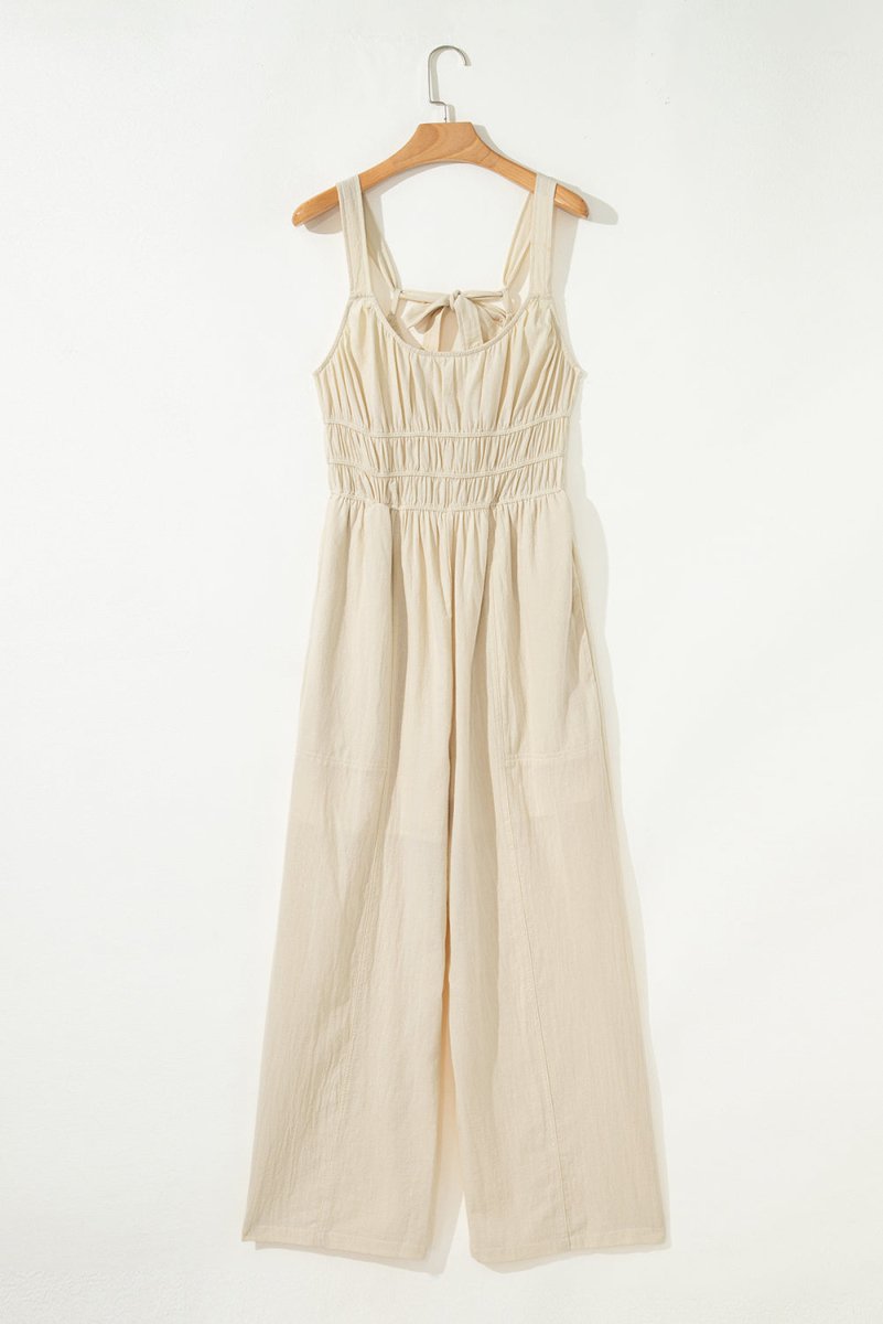 Beige Sleeveless Wide Leg Jumpsuit with Ruched High Waist Design
