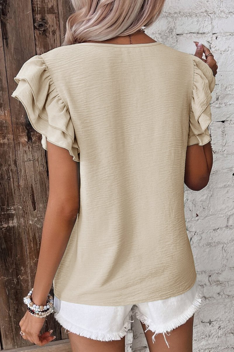 Beige Solid Color Ruffled Short Sleeve Casual Blouse For Women