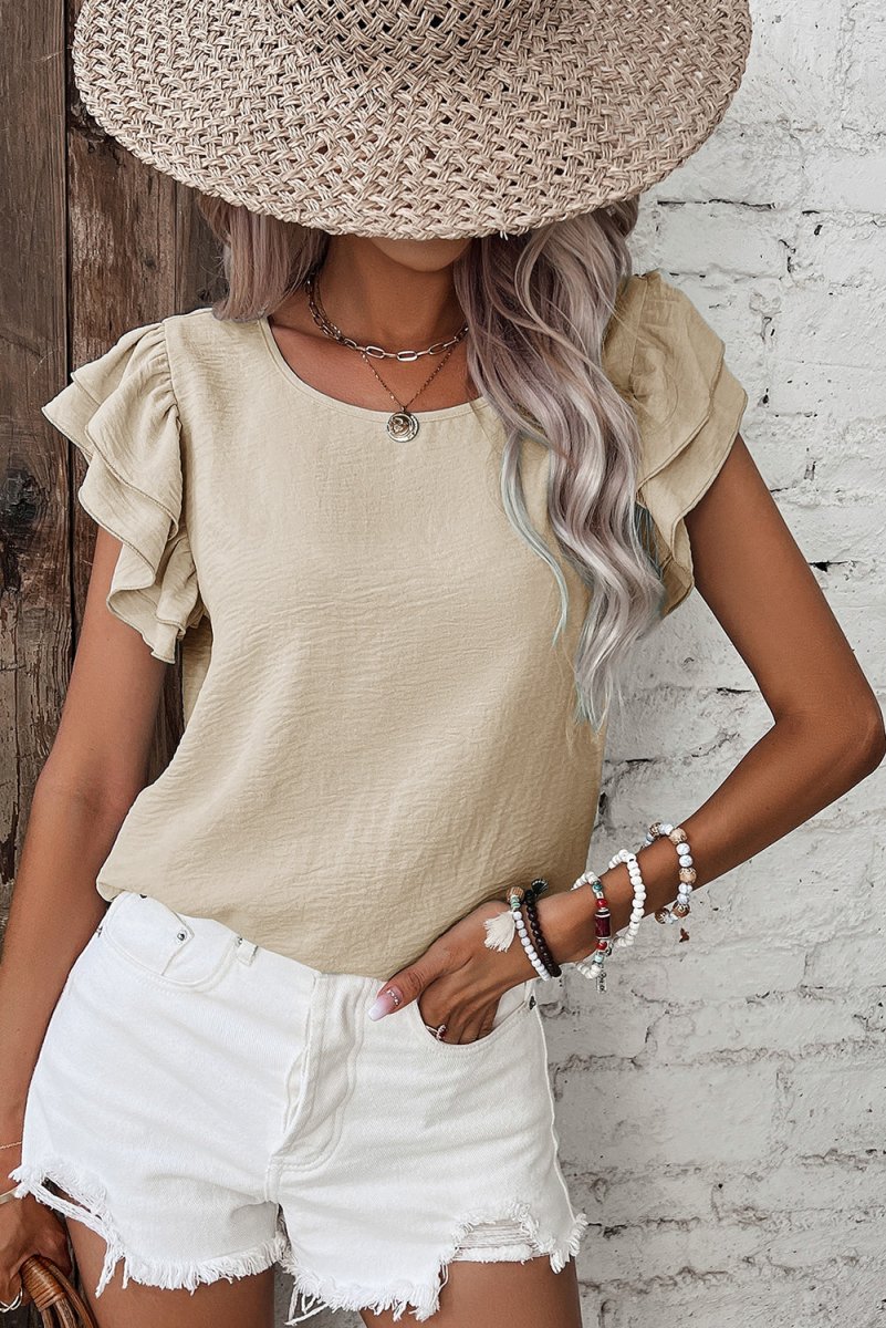 Beige Solid Color Ruffled Short Sleeve Casual Blouse For Women