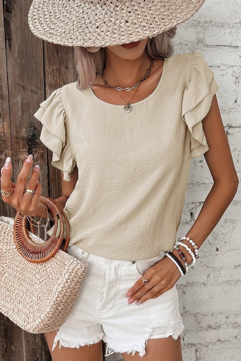 Beige Solid Color Ruffled Short Sleeve Casual Blouse For Women