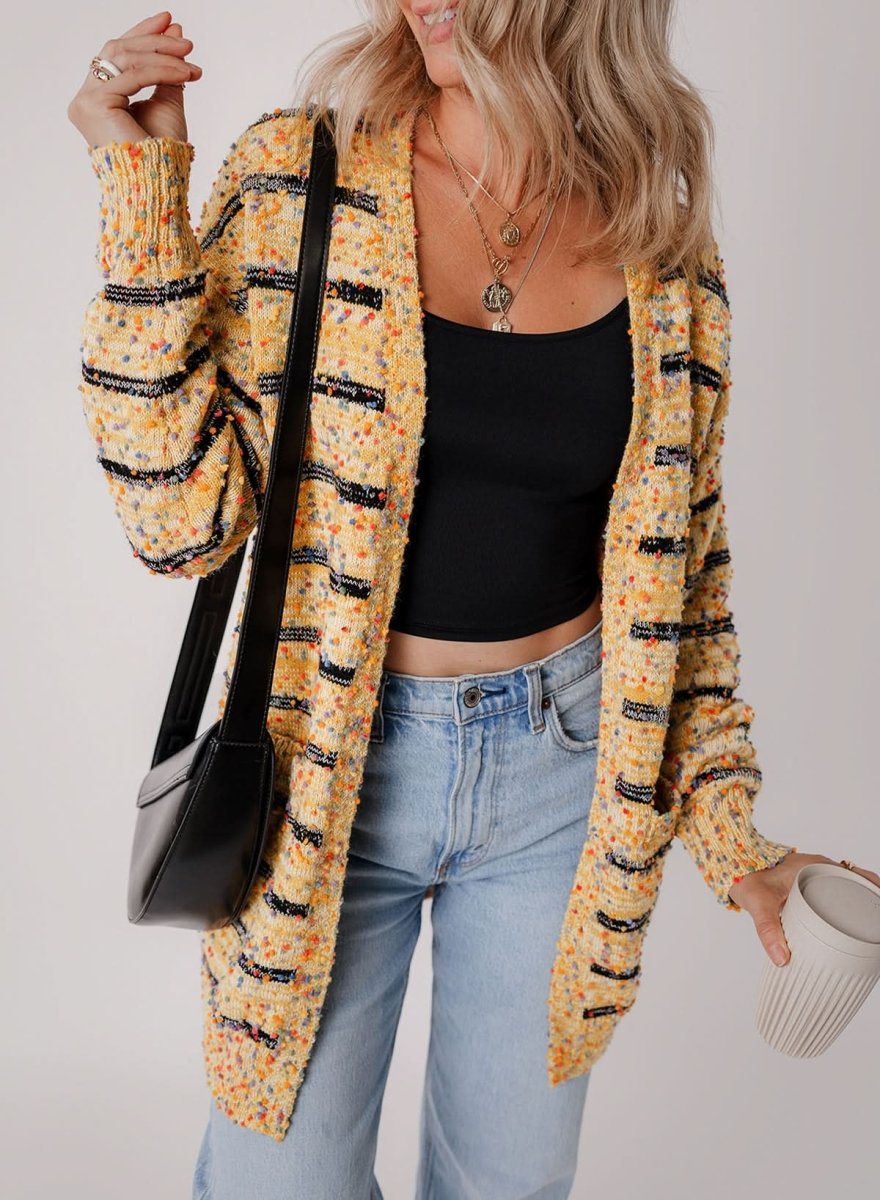 Beige Striped Knit Cardigan with Pom Pom Details