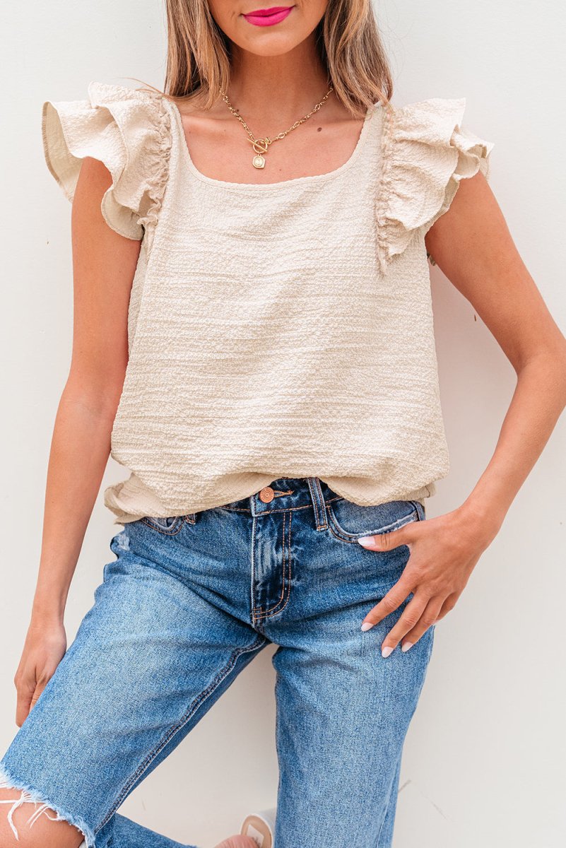 Beige Textured Bow Knot Frilled Butterfly Sleeve Blouse