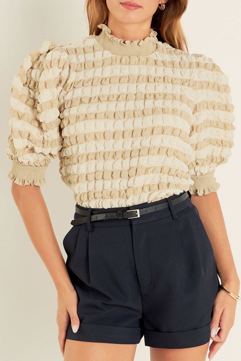Beige Textured Mock Neck Short Sleeve Blouse for Women