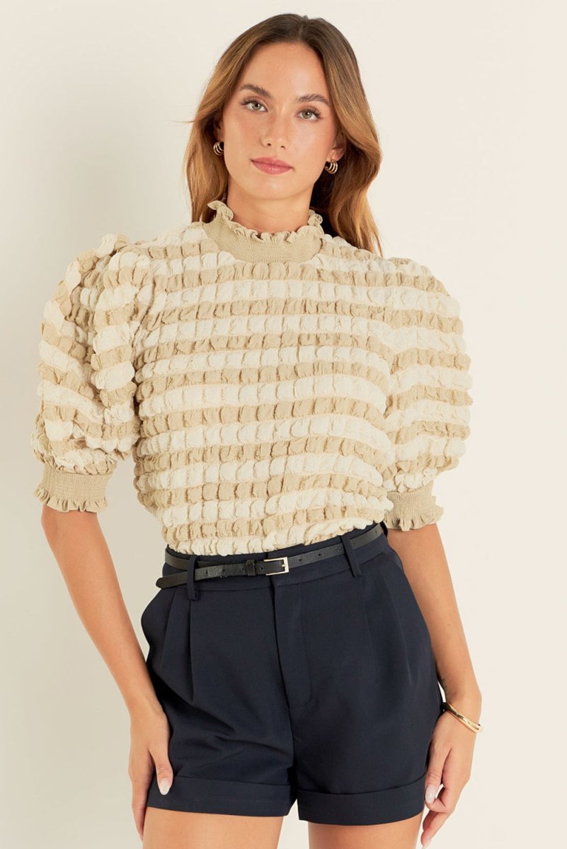 Beige Textured Mock Neck Short Sleeve Blouse for Women