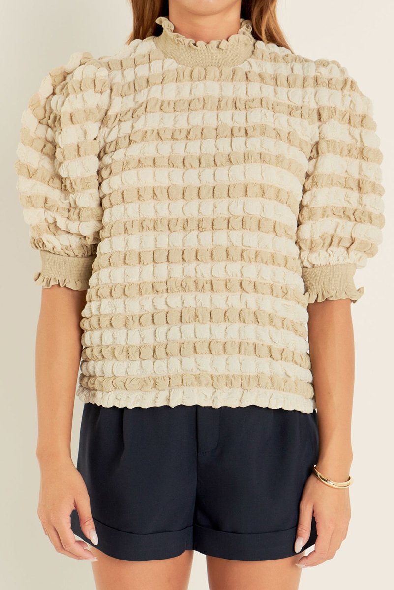 Beige Textured Mock Neck Short Sleeve Blouse for Women