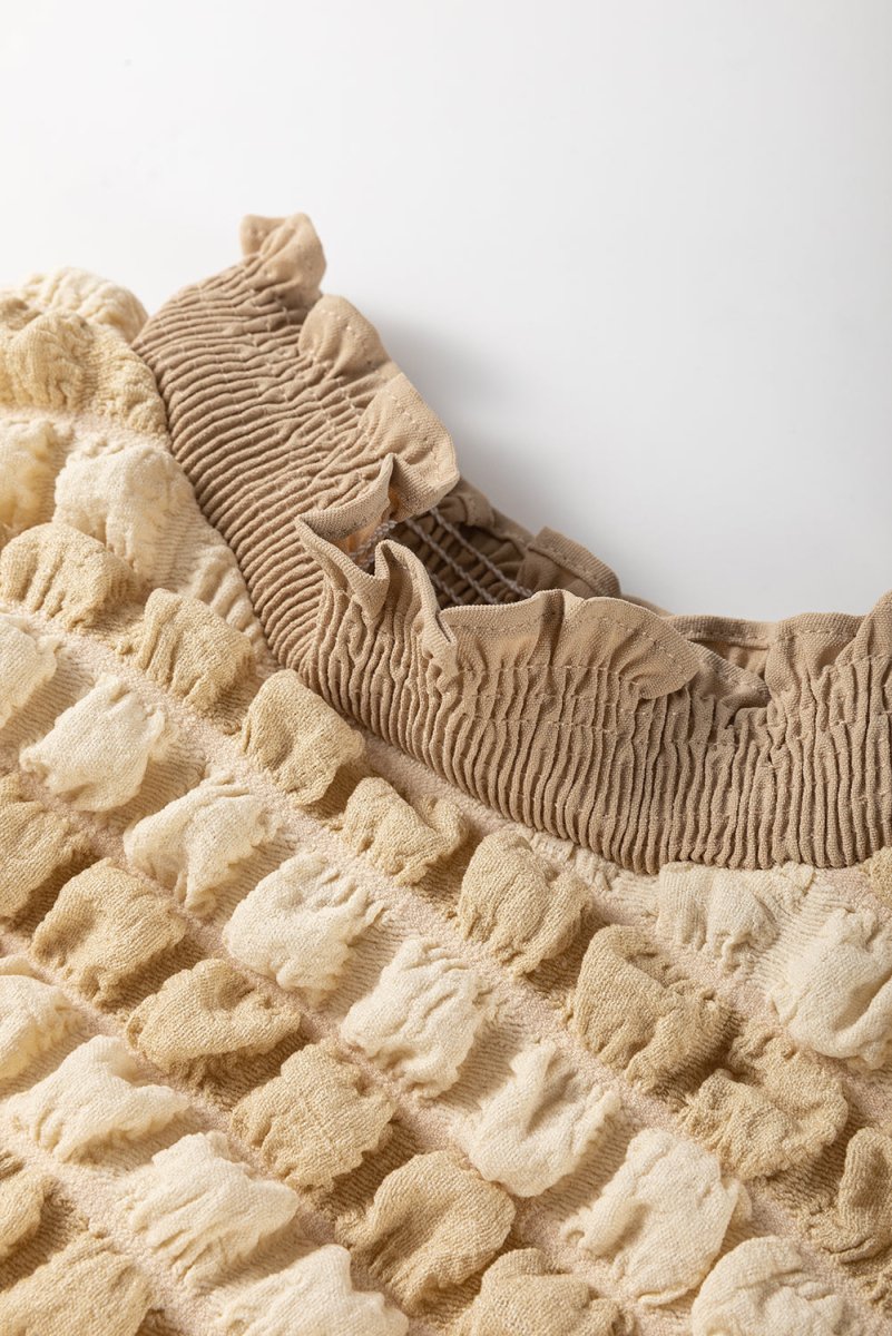 Beige Textured Mock Neck Short Sleeve Blouse for Women