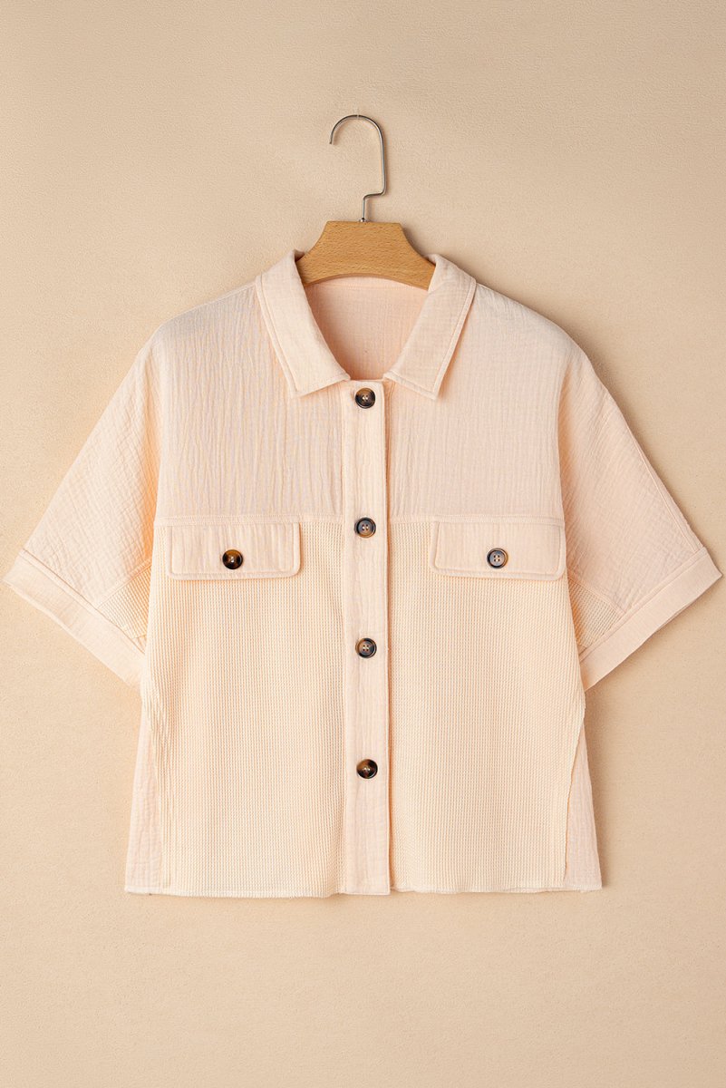 Beige Waffle Splicing Short Batwing Sleeve Flap Detail Shirt