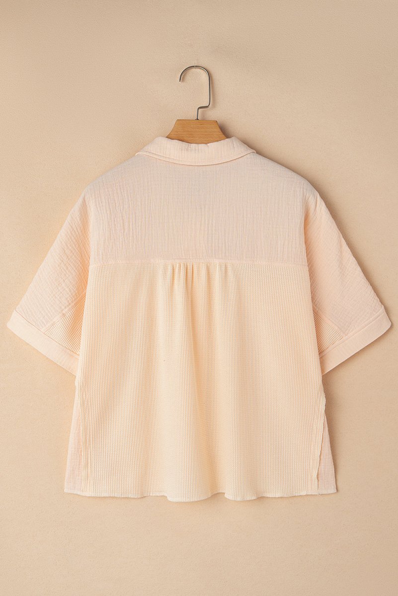 Beige Waffle Splicing Short Batwing Sleeve Flap Detail Shirt