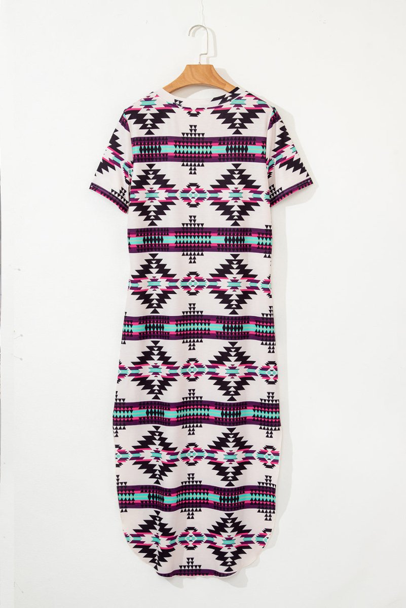 Beige Western Aztec Printed Long T-shirt Dress for Women
