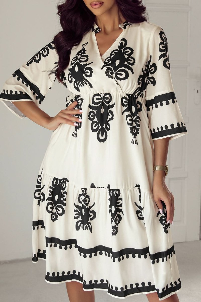 Beige Western Geometric Print 3/4 Sleeve Loose Midi Dress