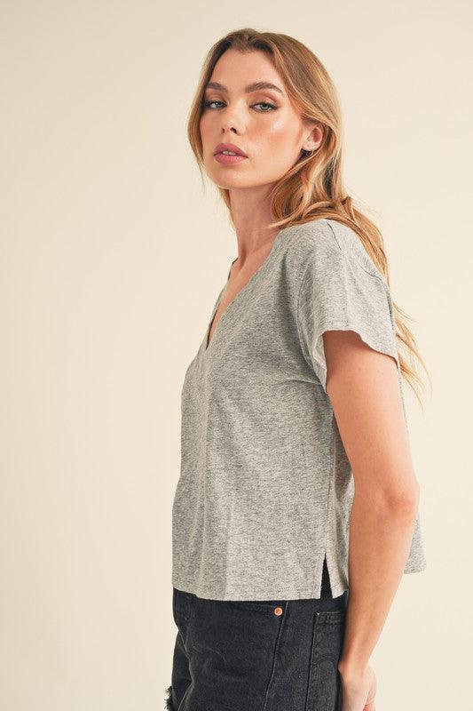 Aemi + Co Side Slit V-Neck Short Sleeve Cropped T-Shirt