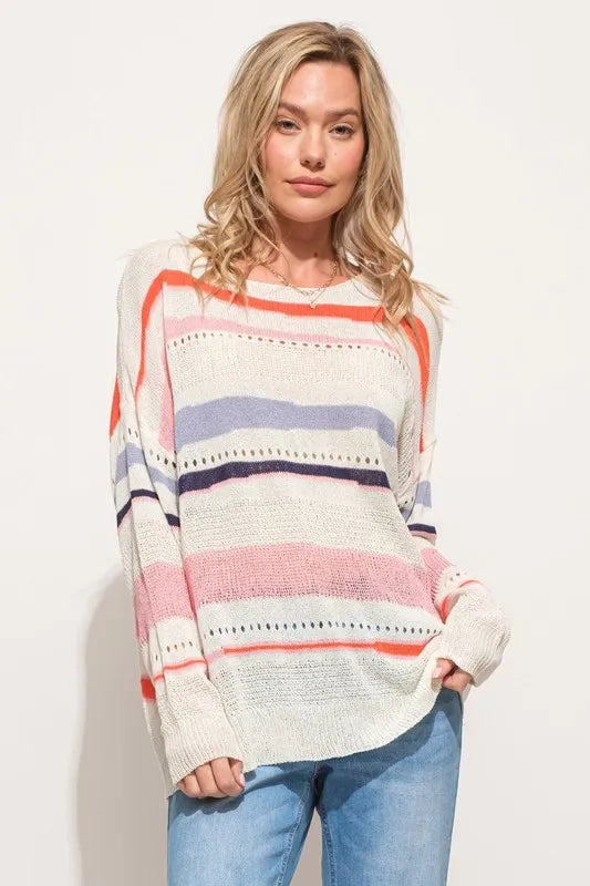 And The Why Abstract Striped Light Weight Loose Sweater in Pink Multi