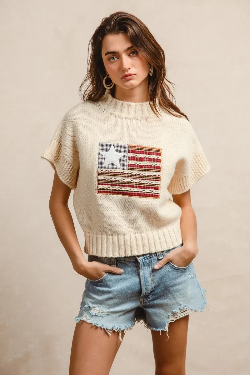 American Flag Patchwork Drop Shoulder Sweater