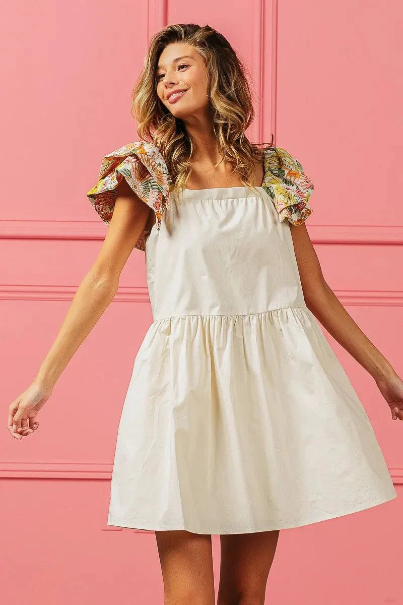 BiBi Flower Embroidered Floral Print Sleeve Dress for Women