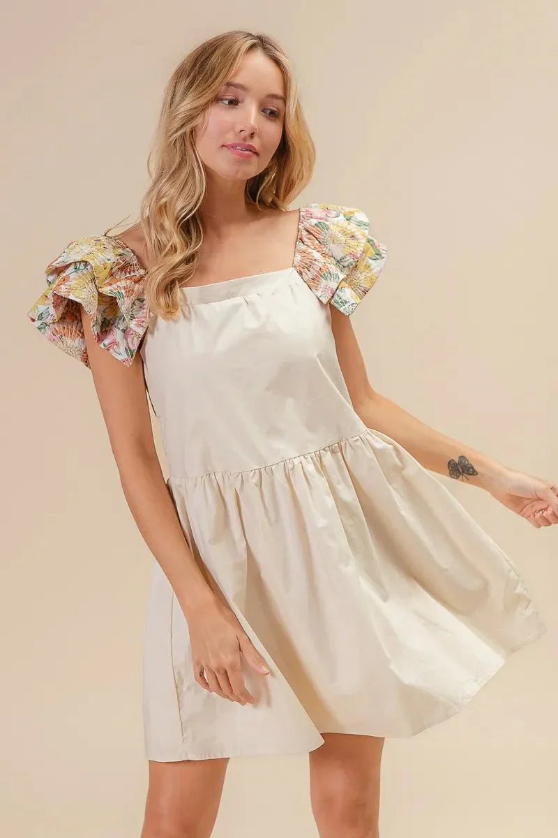 BiBi Flower Embroidered Floral Print Sleeve Dress for Women