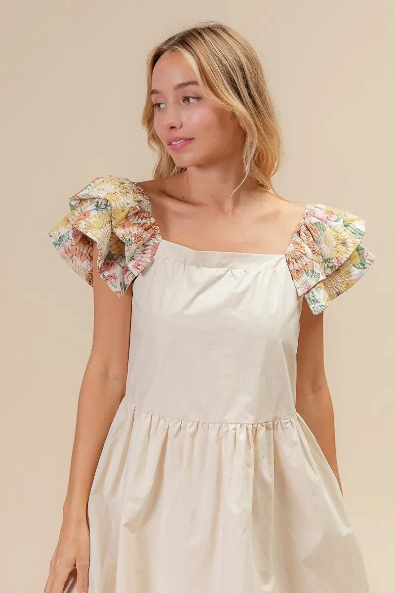 BiBi Flower Embroidered Floral Print Sleeve Dress for Women