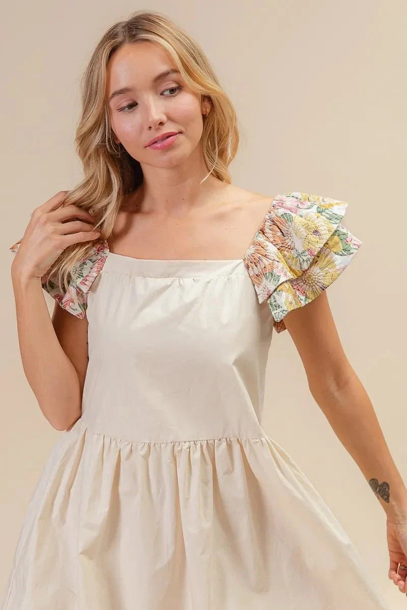 BiBi Flower Embroidered Floral Print Sleeve Dress for Women