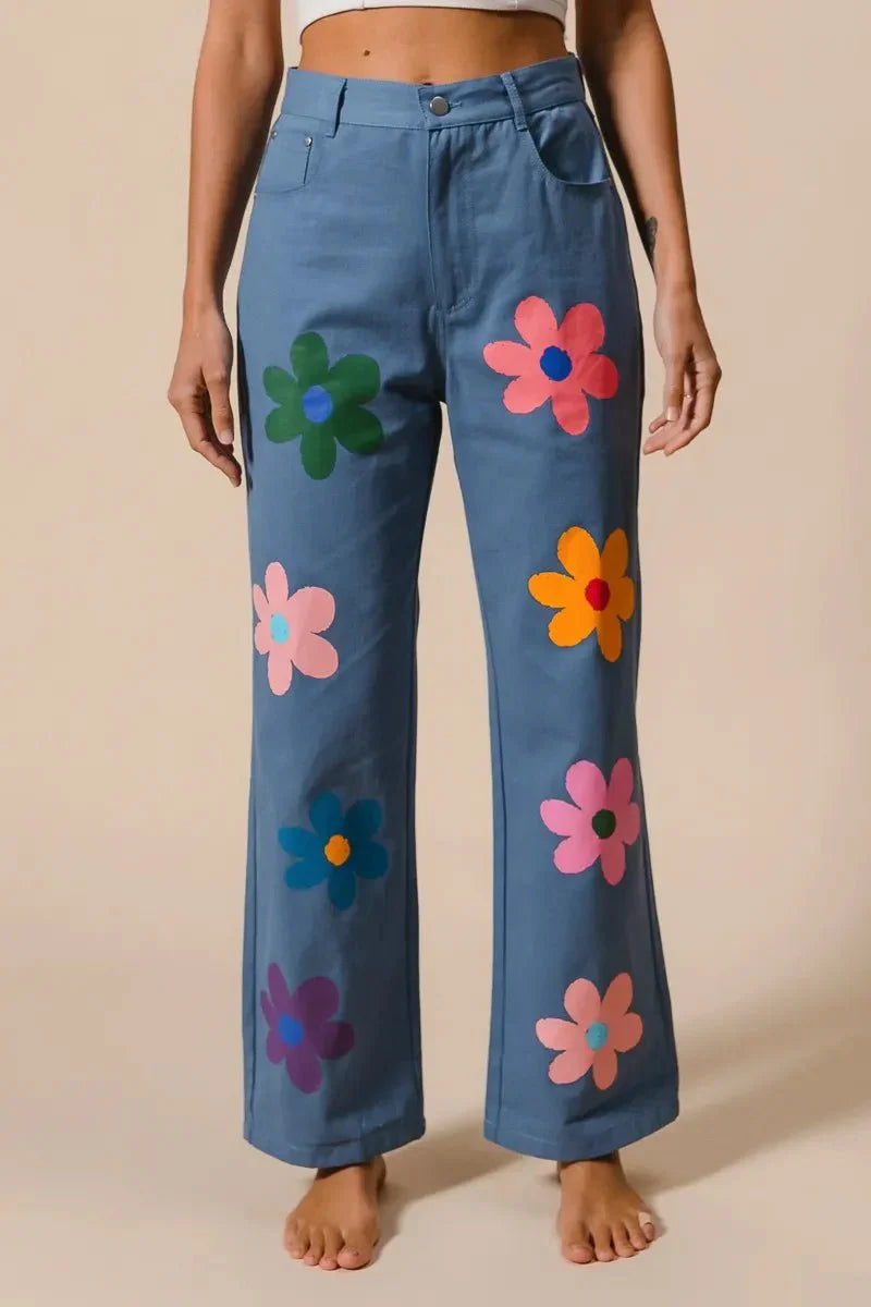 BiBi Flower Print Straight Legs Pants for Chic Style