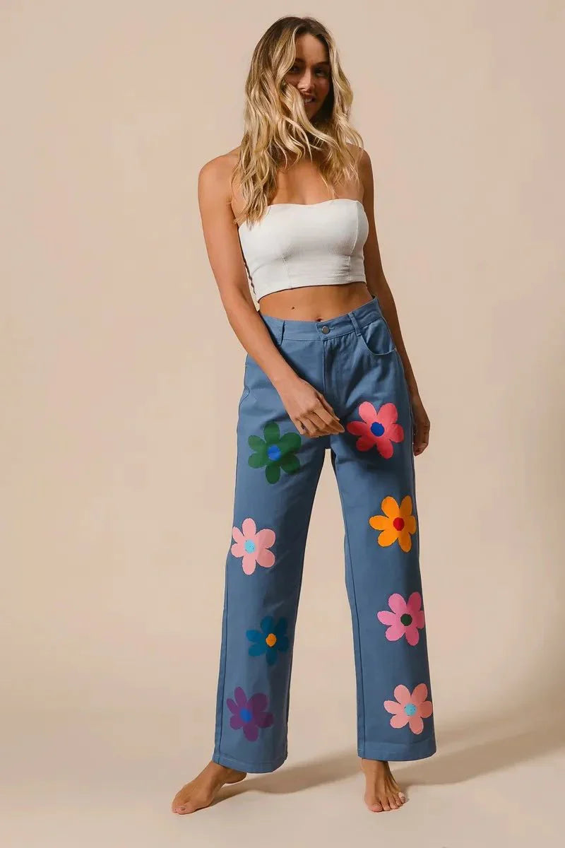 BiBi Flower Print Straight Legs Pants for Chic Style